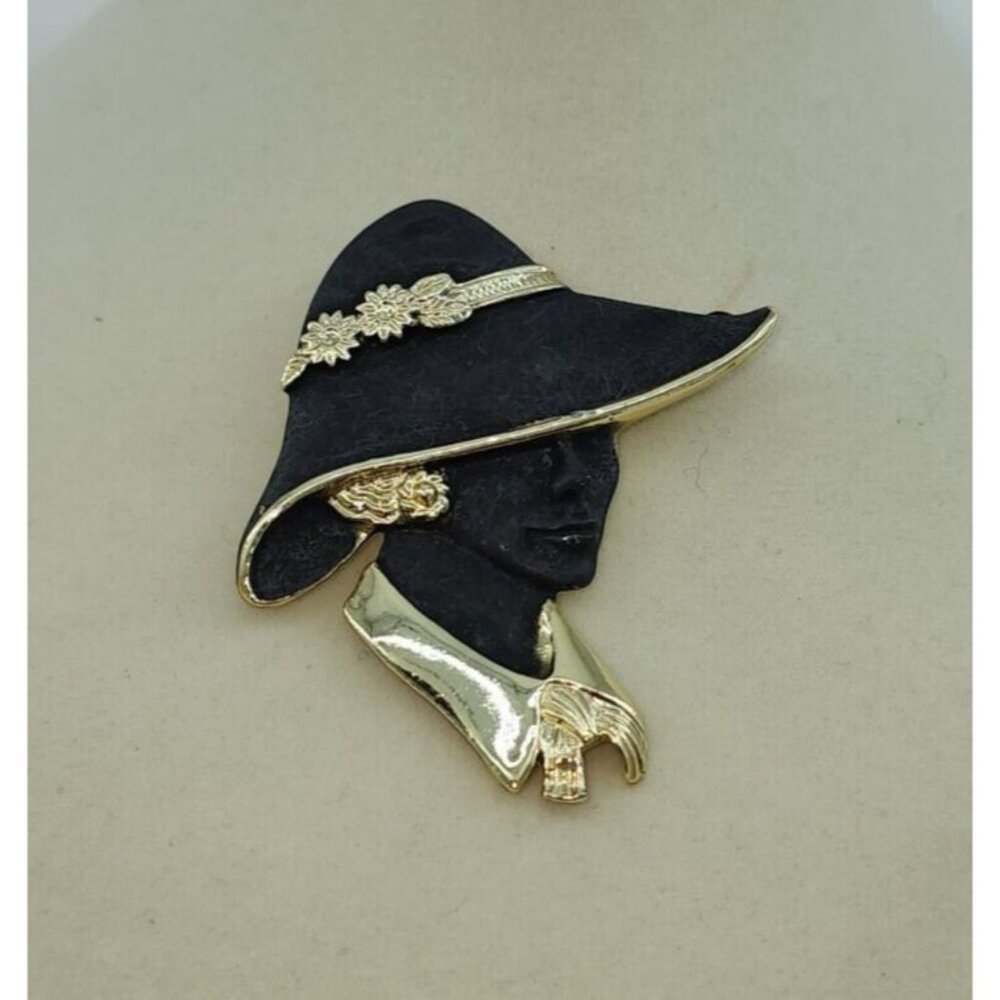 Vintage‎ Torino Gold Tone Matte Black Enamel Cameo Lady in Hat Brooch Pin